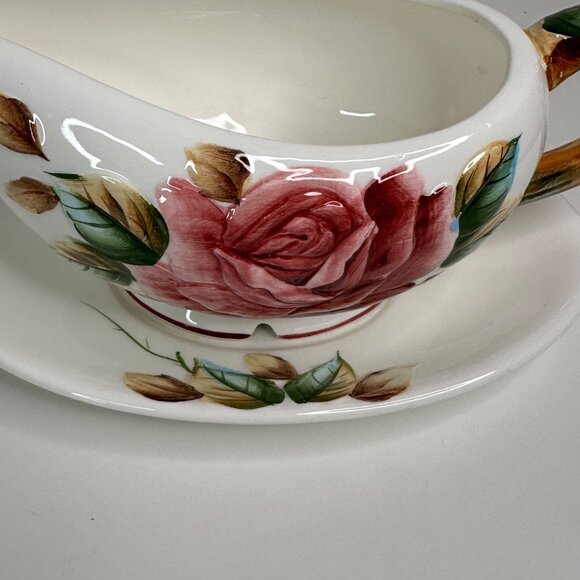 Lefton Americana Rose Pottery Ceramic Gravy Boat With Saucer Rose Floral Design - Picture 3 of 13